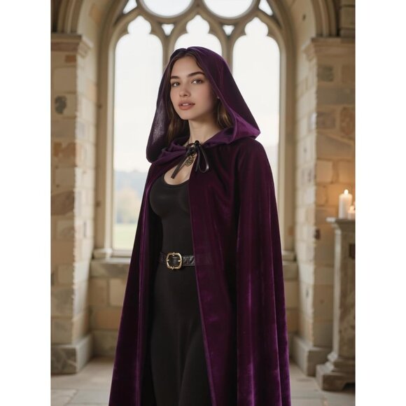 Women Purple Witch Imported Velvet Cloak Halloween Hooded Cape Medieval Costume - Picture 5 of 7